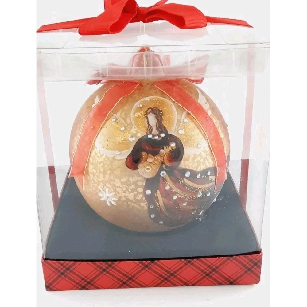 Bon-Ton Large Glass Christmas Ornament Hand Painted Angel Gold Speckle NIB